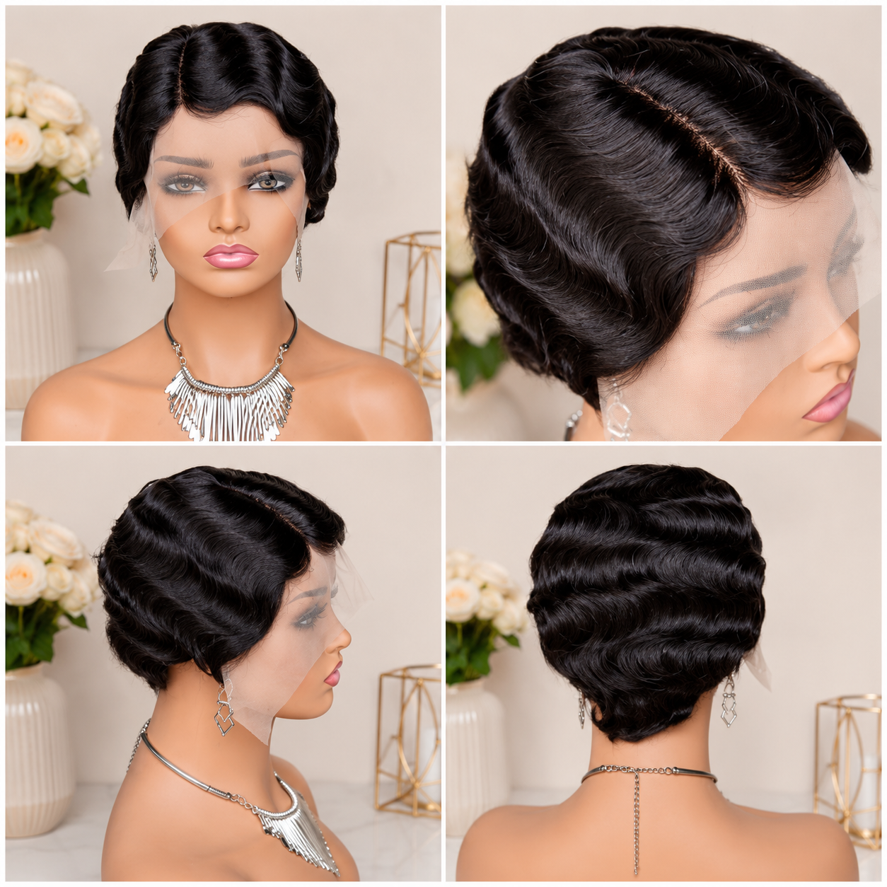 Elegant Short Finger Wave Lace Wig – Natural Black Pixie Style