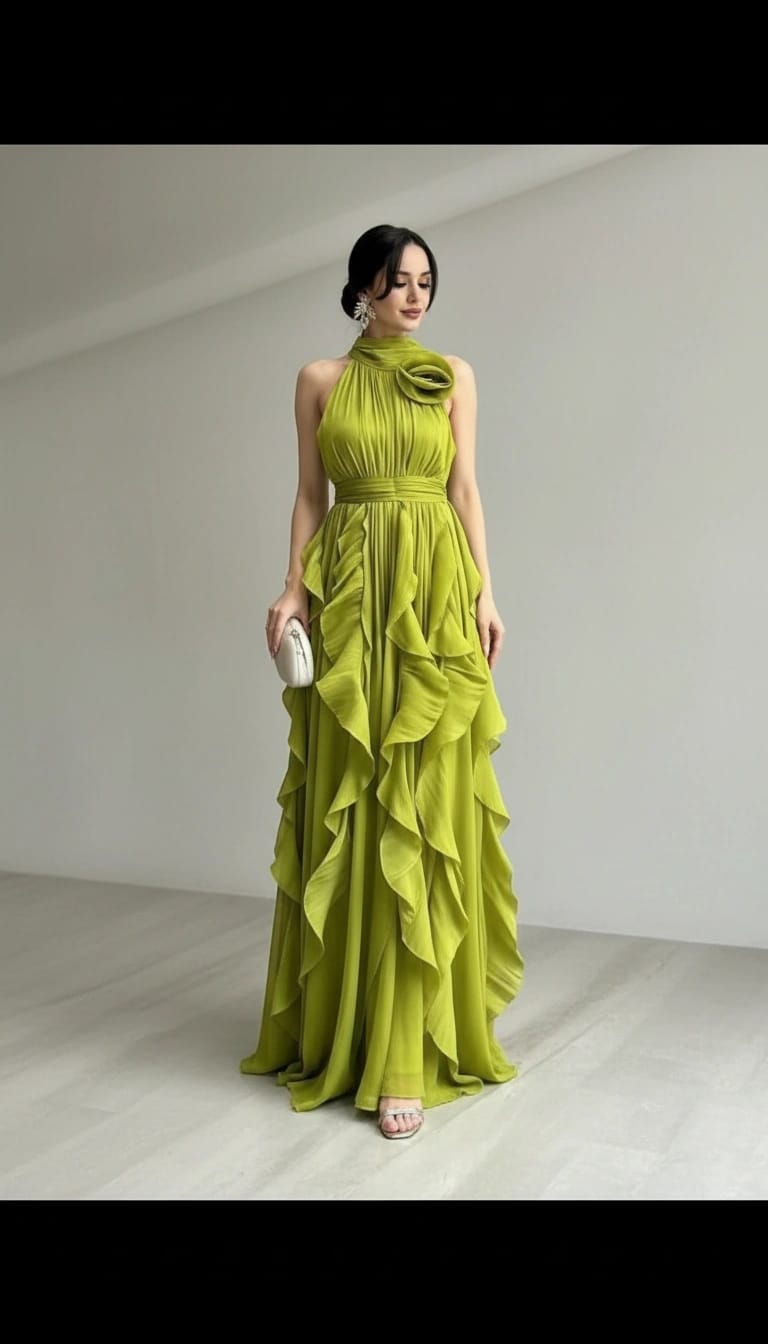 Elegant Olive Green Pleated Maxi Gown – Luxury Evening & Formal Dress