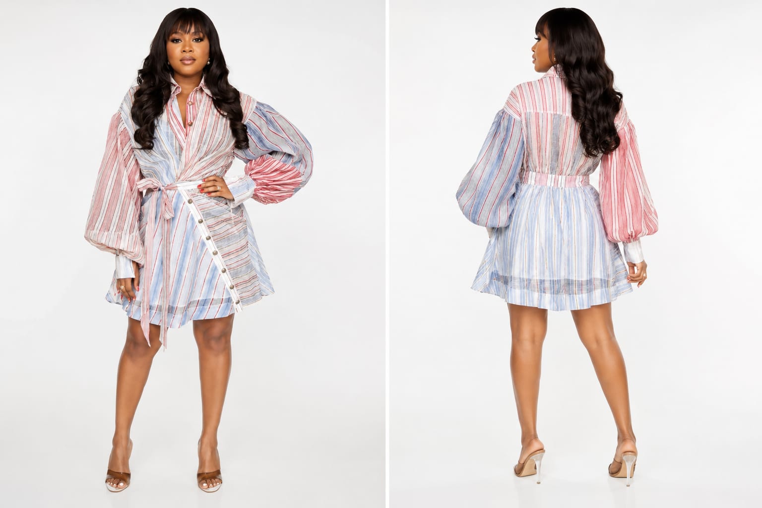 Women's Striped Balloon Sleeve Wrap Mini Dress – Elegant Tie Waist Shirt Dress