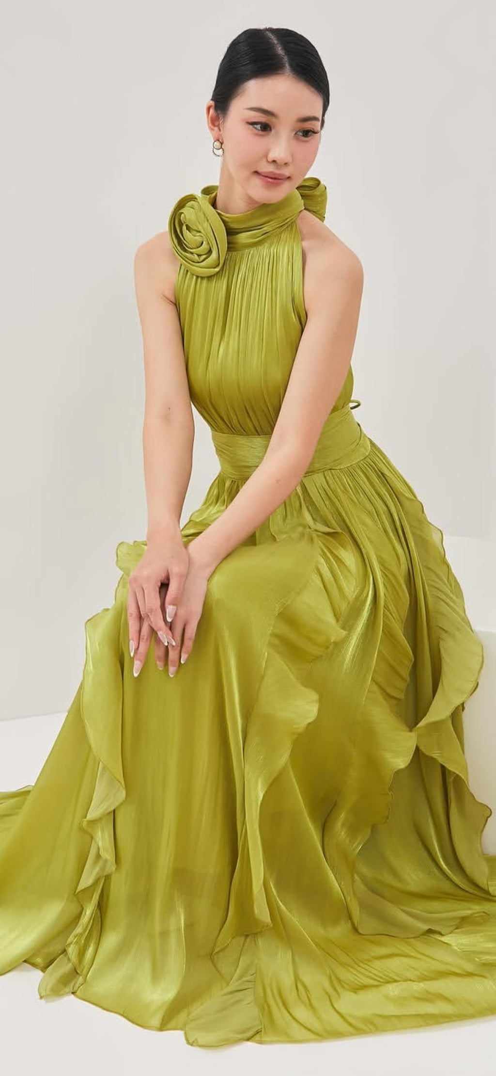 Elegant Olive Green Pleated Maxi Gown – Luxury Evening & Formal Dress