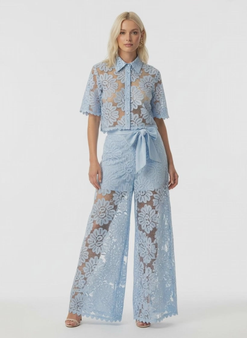 Elegant Floral Lace Two-Piece Pant Set – White & Blue