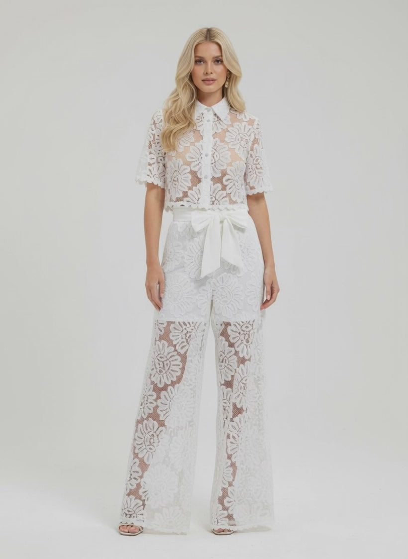 Elegant Floral Lace Two-Piece Pant Set – White & Blue