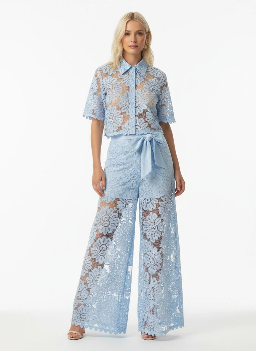 Elegant Floral Lace Two-Piece Pant Set – White & Blue