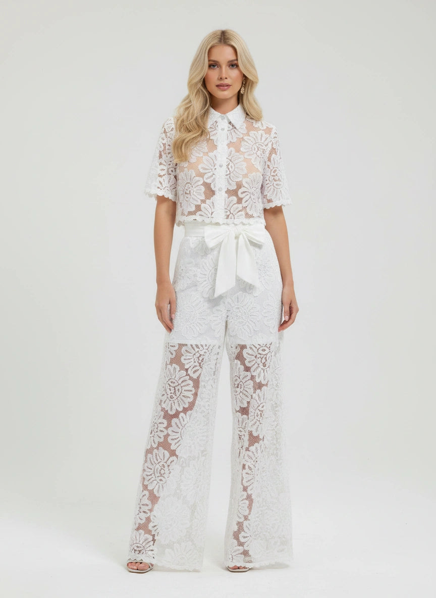 Elegant Floral Lace Two-Piece Pant Set – White & Blue