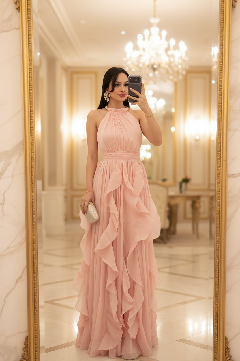 Elegant Olive Green Pleated Maxi Gown – Luxury Evening & Formal Dress